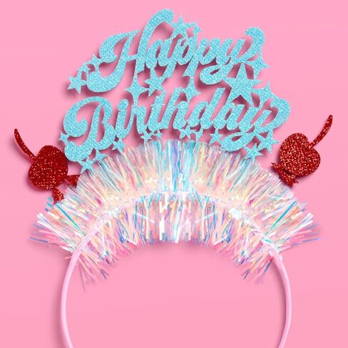 xo, Fetti Happy Birthday Cherry Headband | Kids Birthday Party, Hair Accessory, Blue Sparkle, Iridescent Tinsel Fringe, Girly in Saudi Arabia