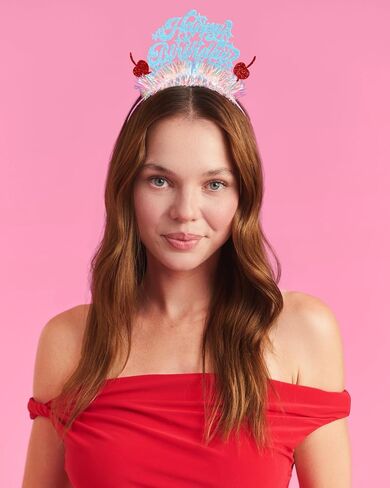 xo, Fetti Happy Birthday Cherry Headband | Kids Birthday Party, Hair Accessory, Blue Sparkle, Iridescent Tinsel Fringe, Girly in Saudi Arabia