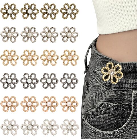 24Pcs Flower Pant Waist Tightener Adjust Size Must Be Sewn By Hand Removable Decorative Buttons Jean Clips for Women and Girls Metal Disk Coupling Reusable in Kuwait
