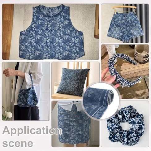 PH PandaHall Flower Printed Denim Fabric by The Yard Floral Pattern Sewing Fabric 55 Inch Wide Blue Crafts Fabrics Vintage Denim Fabrics for Sewing DIY Handmade Crafting Jeans Clothing Quilting in Saudi Arabia
