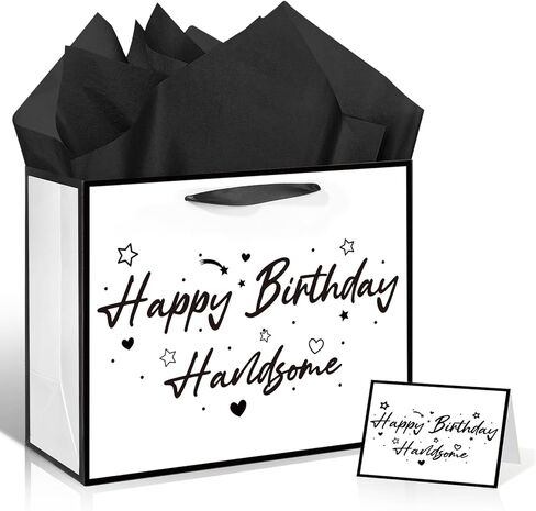 Black and White Birthday Gift Bag for Men Boys Handsome Birthday Party Bag with Tissue Paper and Greeting Card Bday Gifts for Men Husband Boyfriend Brother Anniversary Party Decoration Supplies in Saudi Arabia