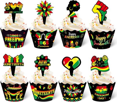 Mumufy 96 Pieces Juneteenth Cupcake Toppers Wrappers Happy Juneteenth Cupcake Decorations Freedom Independence Day Cake Topper Wrappers for Black History Month Freedom Day Party Decorations Supplies in Saudi Arabia
