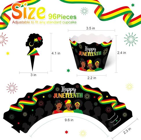 Mumufy 96 Pieces Juneteenth Cupcake Toppers Wrappers Happy Juneteenth Cupcake Decorations Freedom Independence Day Cake Topper Wrappers for Black History Month Freedom Day Party Decorations Supplies in Saudi Arabia