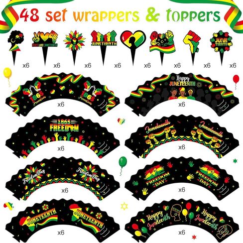 Mumufy 96 Pieces Juneteenth Cupcake Toppers Wrappers Happy Juneteenth Cupcake Decorations Freedom Independence Day Cake Topper Wrappers for Black History Month Freedom Day Party Decorations Supplies in Saudi Arabia