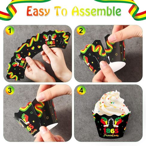 Mumufy 96 Pieces Juneteenth Cupcake Toppers Wrappers Happy Juneteenth Cupcake Decorations Freedom Independence Day Cake Topper Wrappers for Black History Month Freedom Day Party Decorations Supplies in Saudi Arabia