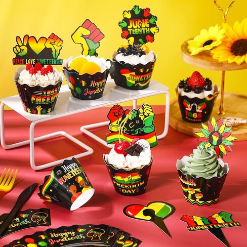 Mumufy 96 Pieces Juneteenth Cupcake Toppers Wrappers Happy Juneteenth Cupcake Decorations Freedom Independence Day Cake Topper Wrappers for Black History Month Freedom Day Party Decorations Supplies in Saudi Arabia