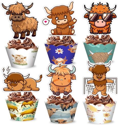 48PCS Highland Cow Themed Birthday Party Decorations | 24PCS Cupcake Toppers & 24PCS Cupcake Wrappers Party Favors Supplies Cow Animal Cattle Centerpiece Table Gifts Boys Girls Carnival Prizes in Saudi Arabia
