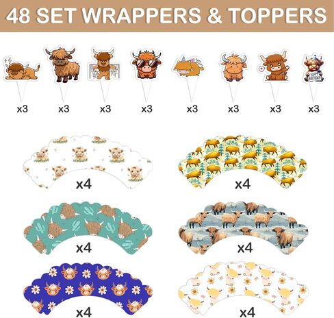 48PCS Highland Cow Themed Birthday Party Decorations | 24PCS Cupcake Toppers & 24PCS Cupcake Wrappers Party Favors Supplies Cow Animal Cattle Centerpiece Table Gifts Boys Girls Carnival Prizes in Saudi Arabia