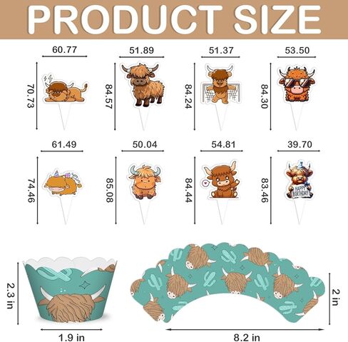 48PCS Highland Cow Themed Birthday Party Decorations | 24PCS Cupcake Toppers & 24PCS Cupcake Wrappers Party Favors Supplies Cow Animal Cattle Centerpiece Table Gifts Boys Girls Carnival Prizes in Saudi Arabia