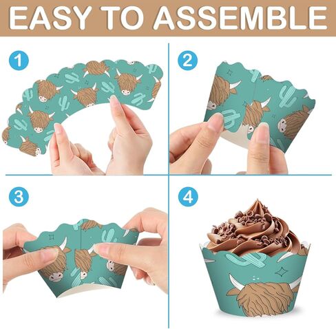48PCS Highland Cow Themed Birthday Party Decorations | 24PCS Cupcake Toppers & 24PCS Cupcake Wrappers Party Favors Supplies Cow Animal Cattle Centerpiece Table Gifts Boys Girls Carnival Prizes in Saudi Arabia