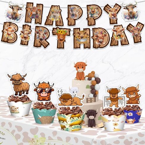 48PCS Highland Cow Themed Birthday Party Decorations | 24PCS Cupcake Toppers & 24PCS Cupcake Wrappers Party Favors Supplies Cow Animal Cattle Centerpiece Table Gifts Boys Girls Carnival Prizes in Saudi Arabia