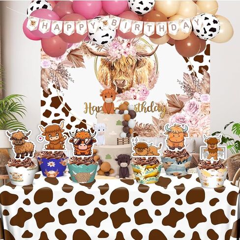 48PCS Highland Cow Themed Birthday Party Decorations | 24PCS Cupcake Toppers & 24PCS Cupcake Wrappers Party Favors Supplies Cow Animal Cattle Centerpiece Table Gifts Boys Girls Carnival Prizes in Saudi Arabia