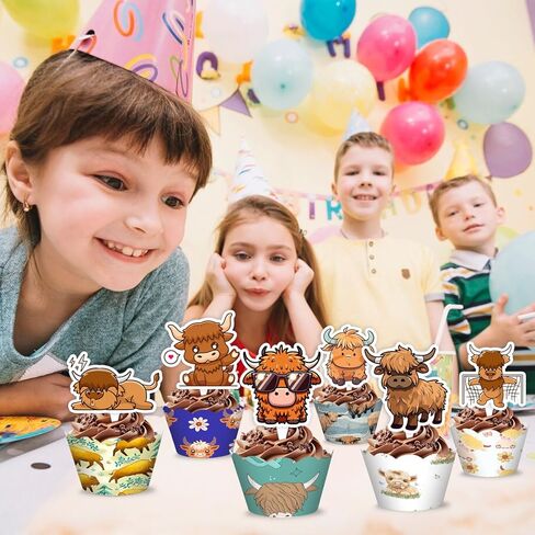 48PCS Highland Cow Themed Birthday Party Decorations | 24PCS Cupcake Toppers & 24PCS Cupcake Wrappers Party Favors Supplies Cow Animal Cattle Centerpiece Table Gifts Boys Girls Carnival Prizes in Saudi Arabia