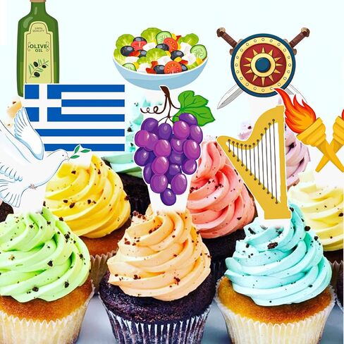 Greek Cupcake Toppers 48PCS Greek Mythology Birthday Party Decorations Ancient Greece Theme Cupcake Picks Greek Flag Athen Acropolis Cake Decorations for Greece Olympic Flame Party Supplies in Saudi Arabia