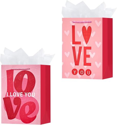 OFIHANLY 2 Pack 12.6" Medium Size Happy Valentine's Day Gift Bags with Handles for Women Her Pink Love You&Heart Paper Gift Wrap Bags with Tissue Paper for Kids in Kuwait