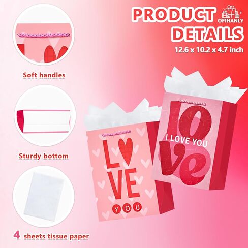 OFIHANLY 2 Pack 12.6" Medium Size Happy Valentine's Day Gift Bags with Handles for Women Her Pink Love You&Heart Paper Gift Wrap Bags with Tissue Paper for Kids in Kuwait