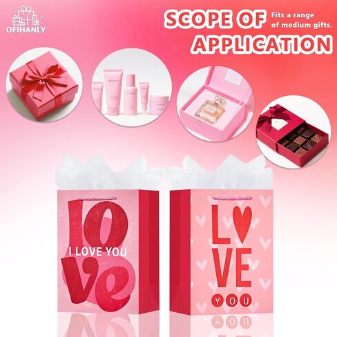OFIHANLY 2 Pack 12.6" Medium Size Happy Valentine's Day Gift Bags with Handles for Women Her Pink Love You&Heart Paper Gift Wrap Bags with Tissue Paper for Kids in Kuwait