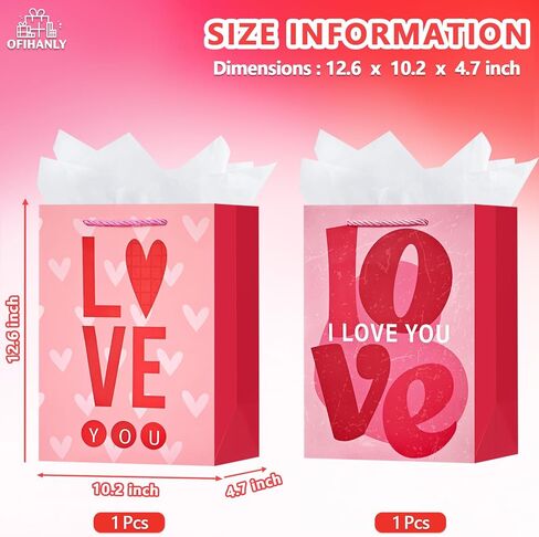 OFIHANLY 2 Pack 12.6" Medium Size Happy Valentine's Day Gift Bags with Handles for Women Her Pink Love You&Heart Paper Gift Wrap Bags with Tissue Paper for Kids in Kuwait