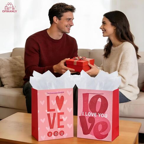 OFIHANLY 2 Pack 12.6" Medium Size Happy Valentine's Day Gift Bags with Handles for Women Her Pink Love You&Heart Paper Gift Wrap Bags with Tissue Paper for Kids in Kuwait