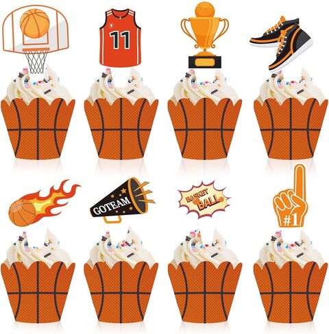 48 Pieces Basketball Cupcake Toppers Wrappers for Boys Girls, Sports Theme Basketshooting Sneakers Champion Jersey Patterns Cupcake Decoration for Kids Birthday Baby Shower Party Holiday Supplies in Saudi Arabia