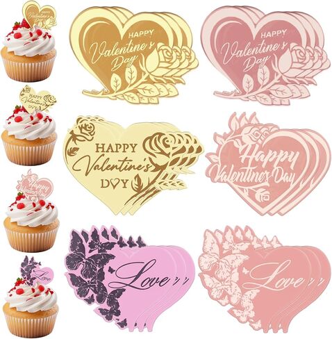 Happy Valentine's Day Cake Toppers Acrylic Cupcake Toppers Dessert Decorations for Valentine's Day Wedding Anniversary Mother's Day Party Decor Supplies (Heart Decorated with Rose, Butterfly 18 Pcs) in Saudi Arabia