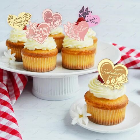 Happy Valentine's Day Cake Toppers Acrylic Cupcake Toppers Dessert Decorations for Valentine's Day Wedding Anniversary Mother's Day Party Decor Supplies (Heart Decorated with Rose, Butterfly 18 Pcs) in Saudi Arabia