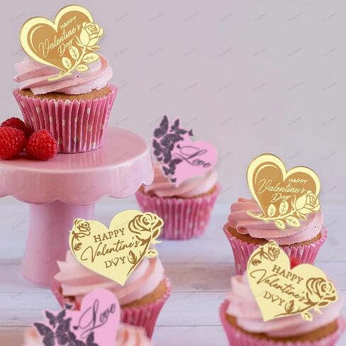 Happy Valentine's Day Cake Toppers Acrylic Cupcake Toppers Dessert Decorations for Valentine's Day Wedding Anniversary Mother's Day Party Decor Supplies (Heart Decorated with Rose, Butterfly 18 Pcs) in Saudi Arabia
