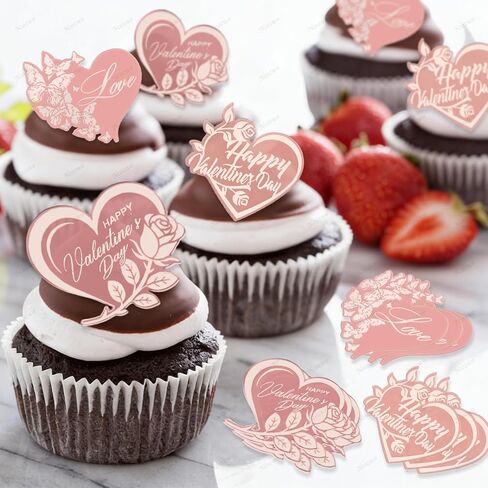 Happy Valentine's Day Cake Toppers Acrylic Cupcake Toppers Dessert Decorations for Valentine's Day Wedding Anniversary Mother's Day Party Decor Supplies (Heart Decorated with Rose, Butterfly 18 Pcs) in Saudi Arabia