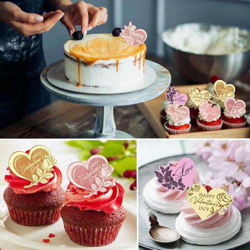 Happy Valentine's Day Cake Toppers Acrylic Cupcake Toppers Dessert Decorations for Valentine's Day Wedding Anniversary Mother's Day Party Decor Supplies (Heart Decorated with Rose, Butterfly 18 Pcs) in Saudi Arabia