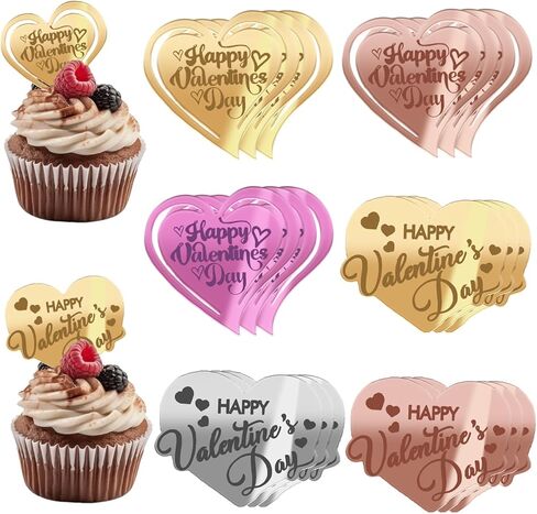 Happy Valentine's Day Cake Toppers Acrylic Cupcake Toppers Dessert Decorations for Valentine's Day Wedding Anniversary Mother's Day Party Decor Supplies (Heart Decorated with Rose, Butterfly 18 Pcs) in Saudi Arabia