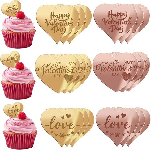 Happy Valentine's Day Cake Toppers Acrylic Cupcake Toppers Dessert Decorations for Valentine's Day Wedding Anniversary Mother's Day Party Decor Supplies (Heart Decorated with Rose, Butterfly 18 Pcs) in Saudi Arabia