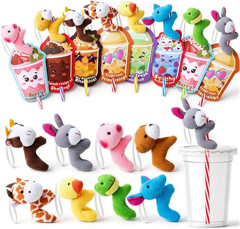 JOYIN 24 Pcs Valentine's Day Gifts Plush Toy & Straws with Cards, Mini Plush Finger Puppets to Hold Straw & Drink Themed Cards, Valentines Day Card for Kids School Classroom Exchange Prizes in Saudi Arabia