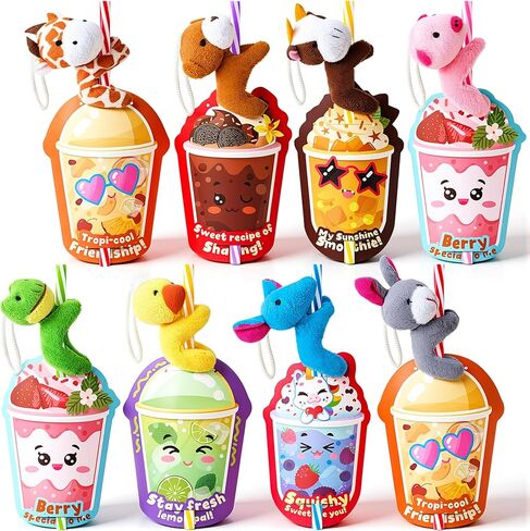 JOYIN 24 Pcs Valentine's Day Gifts Plush Toy & Straws with Cards, Mini Plush Finger Puppets to Hold Straw & Drink Themed Cards, Valentines Day Card for Kids School Classroom Exchange Prizes in Saudi Arabia