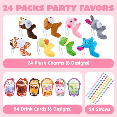 JOYIN 24 Pcs Valentine's Day Gifts Plush Toy & Straws with Cards, Mini Plush Finger Puppets to Hold Straw & Drink Themed Cards, Valentines Day Card for Kids School Classroom Exchange Prizes in Saudi Arabia