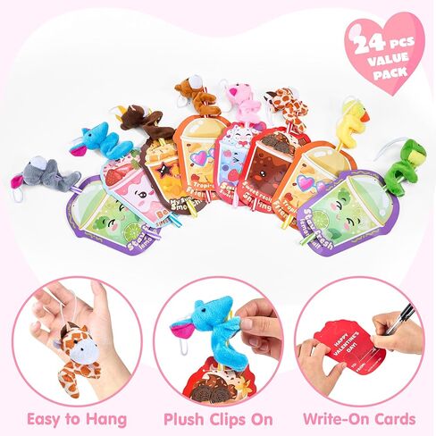 JOYIN 24 Pcs Valentine's Day Gifts Plush Toy & Straws with Cards, Mini Plush Finger Puppets to Hold Straw & Drink Themed Cards, Valentines Day Card for Kids School Classroom Exchange Prizes in Saudi Arabia