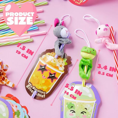 JOYIN 24 Pcs Valentine's Day Gifts Plush Toy & Straws with Cards, Mini Plush Finger Puppets to Hold Straw & Drink Themed Cards, Valentines Day Card for Kids School Classroom Exchange Prizes in Saudi Arabia