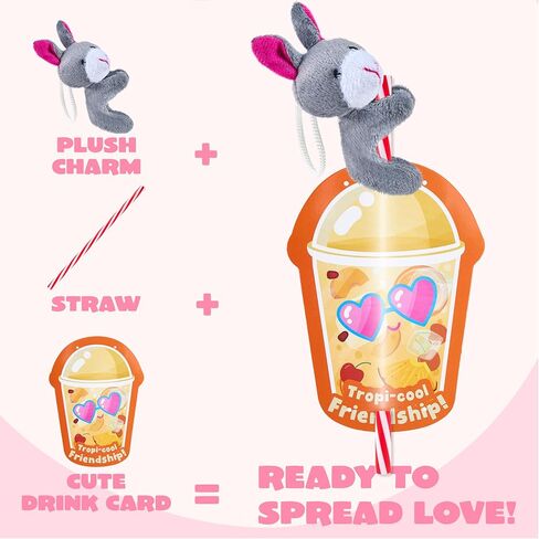 JOYIN 24 Pcs Valentine's Day Gifts Plush Toy & Straws with Cards, Mini Plush Finger Puppets to Hold Straw & Drink Themed Cards, Valentines Day Card for Kids School Classroom Exchange Prizes in Saudi Arabia