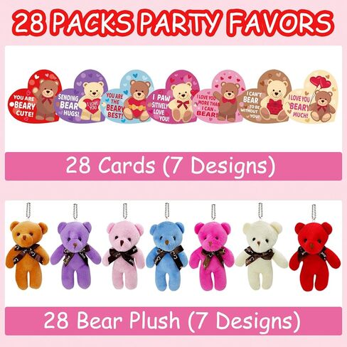 28 Pack Valentines Day Gifts Cards with Plush Bears Toys, Mini Stuffed Animals with Valentine's Greeting Cards for Kids Classrom School Exchange Prize Party Favors(Heart Cards) in Saudi Arabia