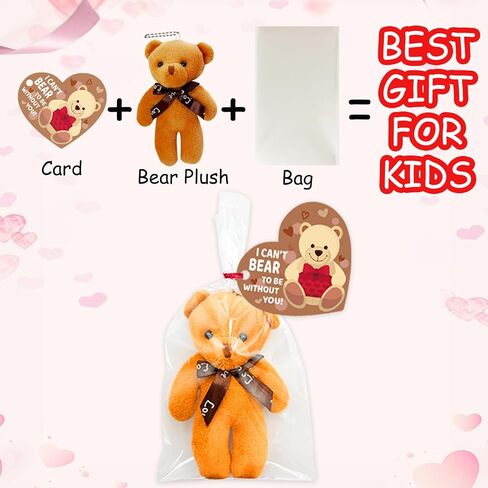 28 Pack Valentines Day Gifts Cards with Plush Bears Toys, Mini Stuffed Animals with Valentine's Greeting Cards for Kids Classrom School Exchange Prize Party Favors(Heart Cards) in Saudi Arabia