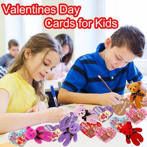 28 Pack Valentines Day Gifts Cards with Plush Bears Toys, Mini Stuffed Animals with Valentine's Greeting Cards for Kids Classrom School Exchange Prize Party Favors(Heart Cards) in Saudi Arabia