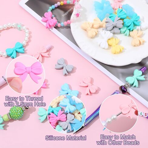 30 PCS Multicolored Silicone Bow Focal Beads, Cute Bowknot Bead Charms for Jewelry Making Supplies DIY Keychain Crafts in Saudi Arabia