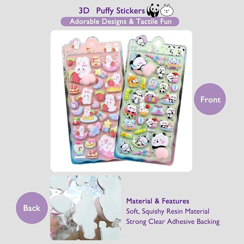 2-Sheet 3D Cute Puffy Stickers Kawaii Animal Decorative Sticker Set Cartoon Panda and Bunny Sticker for Phone Case Notebook Water Bottles DIY in Saudi Arabia