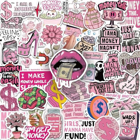 50PCS Money Stickers Be Rich Stickers for Girls Pink Girly Sticker Pack Pink Aesthetic Motivational Quote Decals Waterproof Vinyl Sticker Pack for Laptop Water Bottle Phone Case in Saudi Arabia