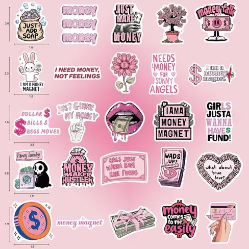50PCS Money Stickers Be Rich Stickers for Girls Pink Girly Sticker Pack Pink Aesthetic Motivational Quote Decals Waterproof Vinyl Sticker Pack for Laptop Water Bottle Phone Case in Saudi Arabia