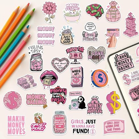50PCS Money Stickers Be Rich Stickers for Girls Pink Girly Sticker Pack Pink Aesthetic Motivational Quote Decals Waterproof Vinyl Sticker Pack for Laptop Water Bottle Phone Case in Saudi Arabia