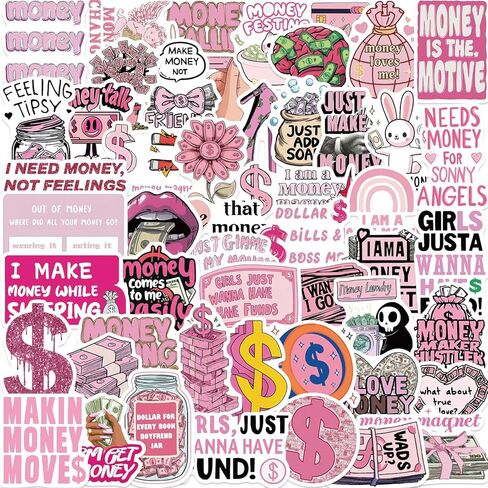 50PCS Money Stickers Be Rich Stickers for Girls Pink Girly Sticker Pack Pink Aesthetic Motivational Quote Decals Waterproof Vinyl Sticker Pack for Laptop Water Bottle Phone Case in Saudi Arabia
