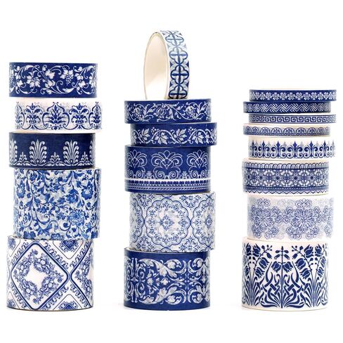 Blue & White Porcelain Washi Tape Set, Traditional Chinese Ceramic Pattern Decorative Masking Tapes, Oriental Art for Craft, Scrapbook, DIY, Gift Wrapping (2-Echoes of Blue/19 Rolls) in Kuwait