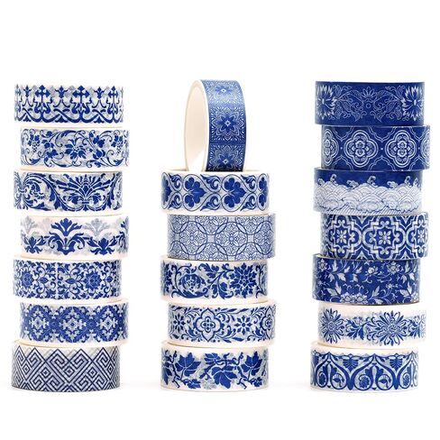 Blue & White Porcelain Washi Tape Set, Traditional Chinese Ceramic Pattern Decorative Masking Tapes, Oriental Art for Craft, Scrapbook, DIY, Gift Wrapping (2-Echoes of Blue/19 Rolls) in Saudi Arabia