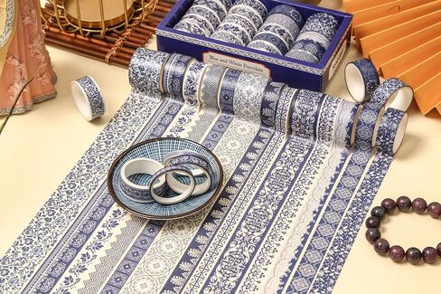Blue & White Porcelain Washi Tape Set, Traditional Chinese Ceramic Pattern Decorative Masking Tapes, Oriental Art for Craft, Scrapbook, DIY, Gift Wrapping (2-Echoes of Blue/19 Rolls) in Saudi Arabia