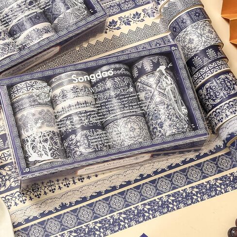 Blue & White Porcelain Washi Tape Set, Traditional Chinese Ceramic Pattern Decorative Masking Tapes, Oriental Art for Craft, Scrapbook, DIY, Gift Wrapping (2-Echoes of Blue/19 Rolls) in Saudi Arabia